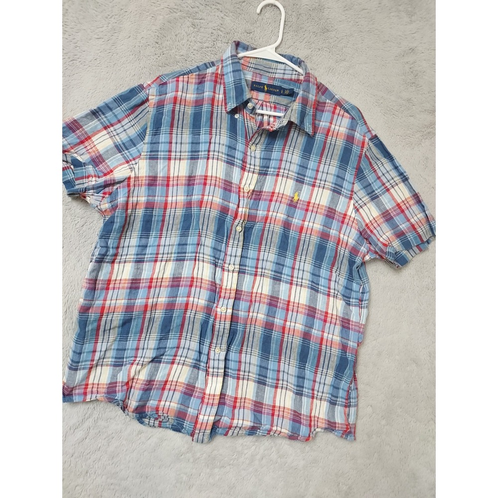 Polo Ralph Lauren Shirt Mens Large Short Sleeve Plaid 100% Linen Button Up Blue